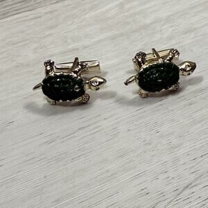 Men's Turtle Gold & Green Cufflinks Metal Enamel Bullet Back No Stone